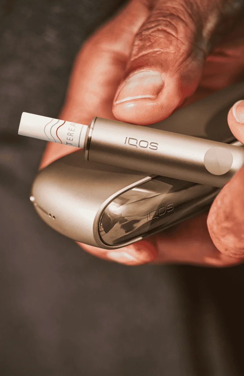 Standart IQOS ILUMA holder ve şarj kutusu elde, TEREA stick takılı