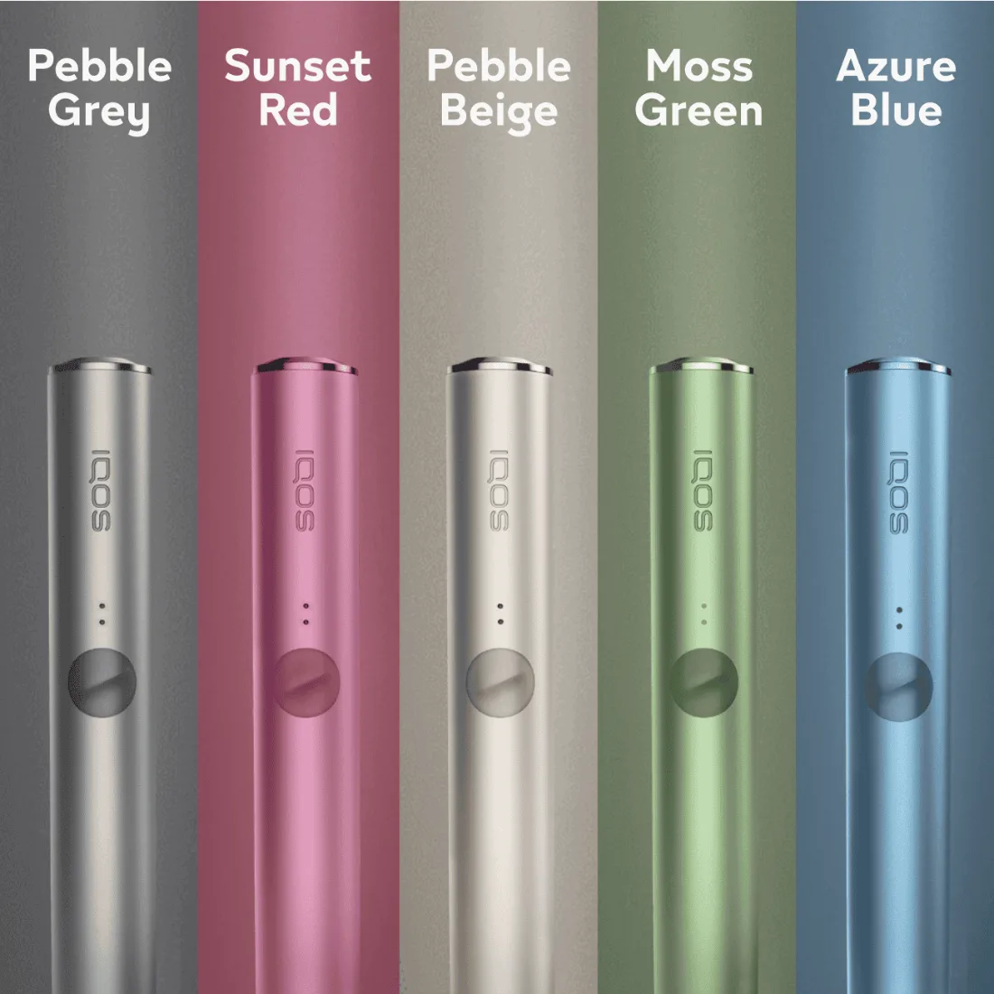 Standart IQOS ILUMA holder renk seçenekleri: Pebble Grey, Sunset Red, Pebble Beige, Moss Green ve Azure Blue