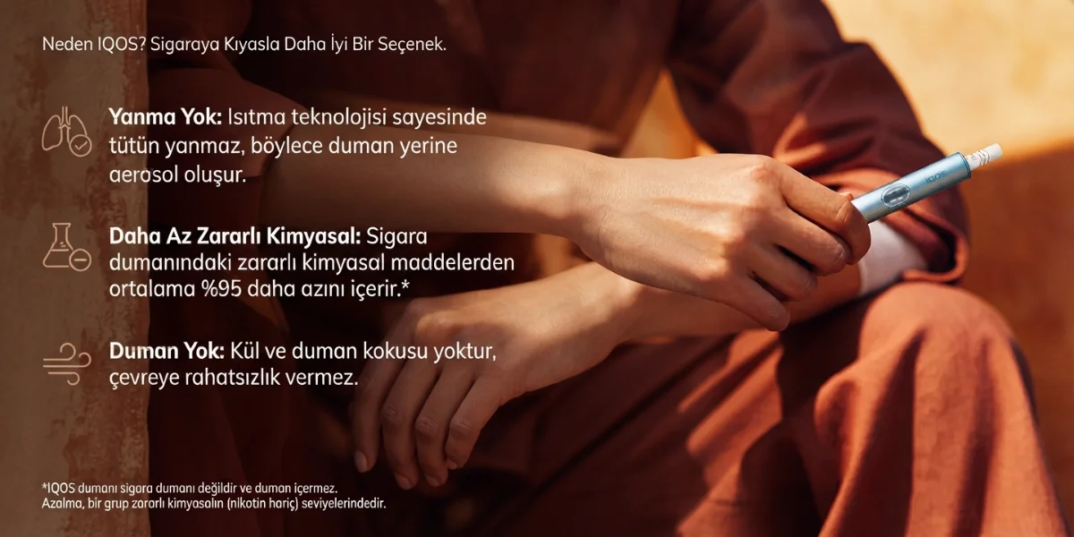 Neden IQOS? Sigaraya kıyasla daha iyi bir seçenek: yanma yok, daha az zararlı kimyasal, duman yok