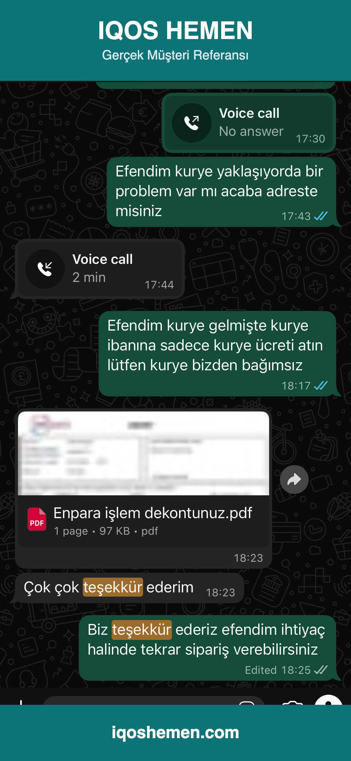 Müşteri referansı — kurye teslimatı ve teşekkür mesajı