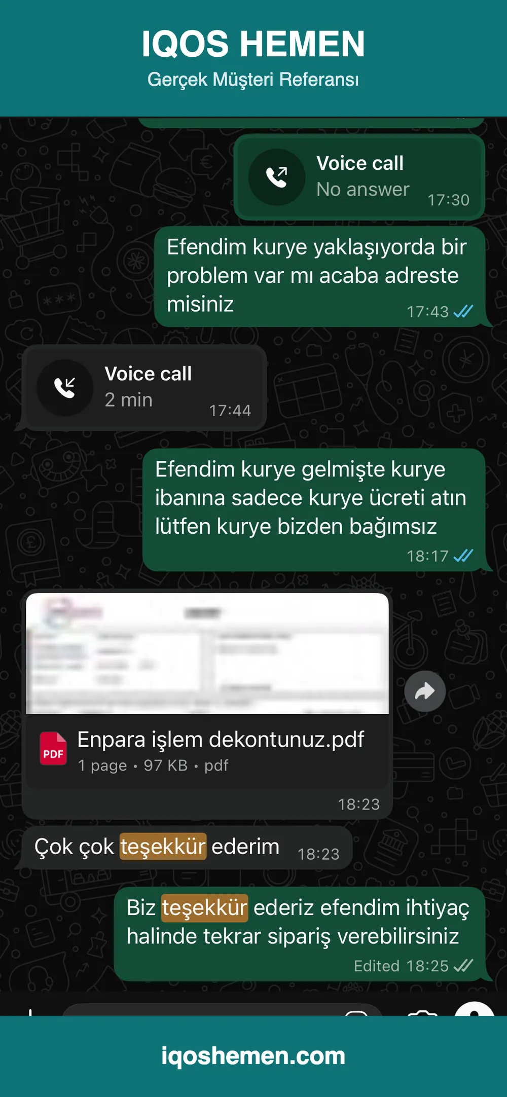 Müşteri referansı — kurye teslimatı ve teşekkür mesajı