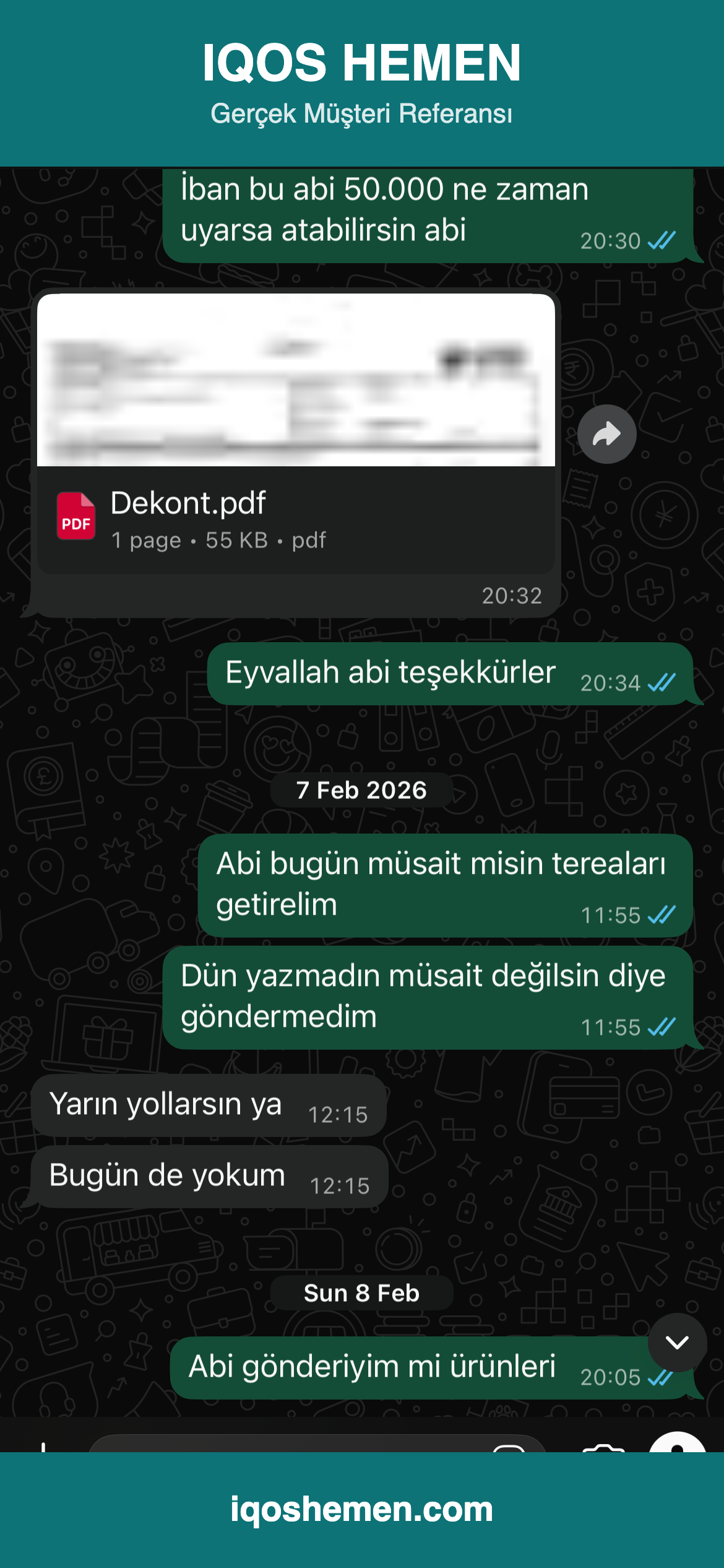 Müşteri referansı — tekrar eden sipariş yazışması