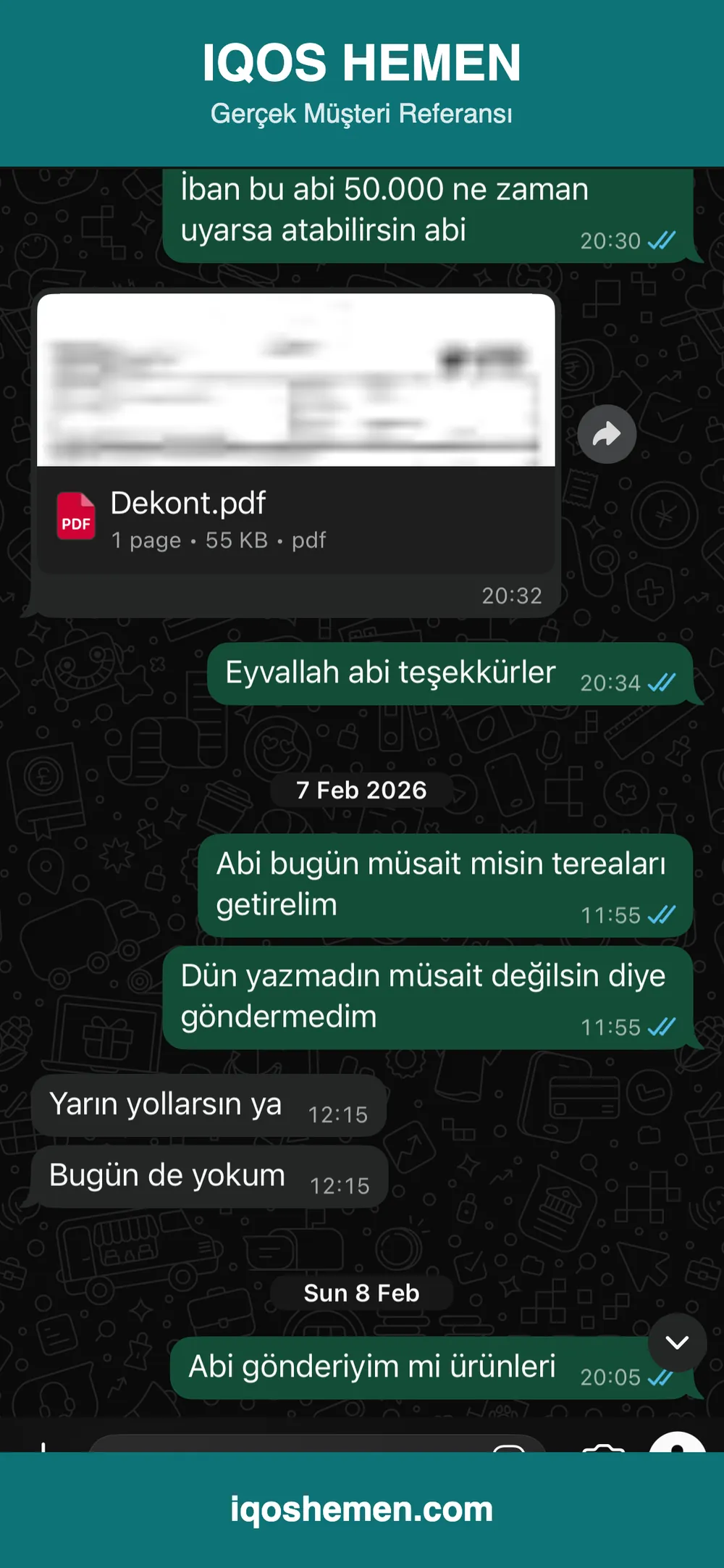 Müşteri referansı — tekrar eden sipariş yazışması
